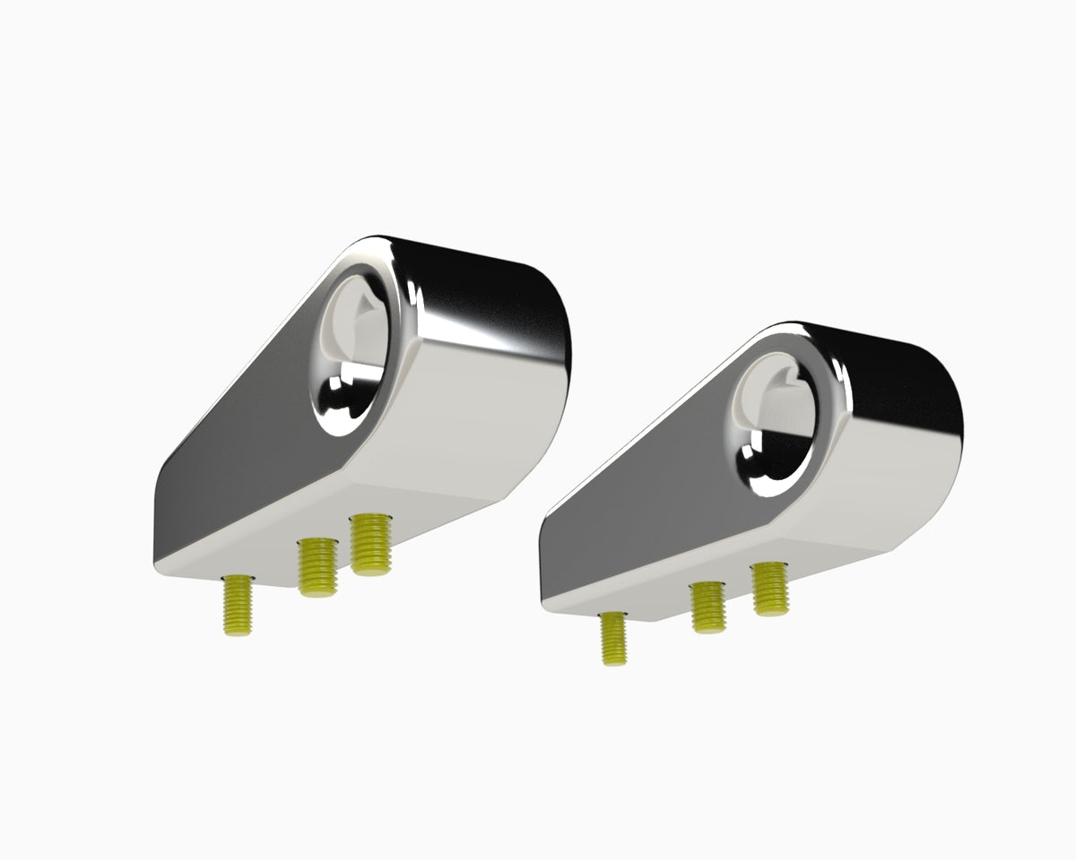 Flux Offroad billet aluminum soft shackle mounts render, rear view showing three mounting bolts