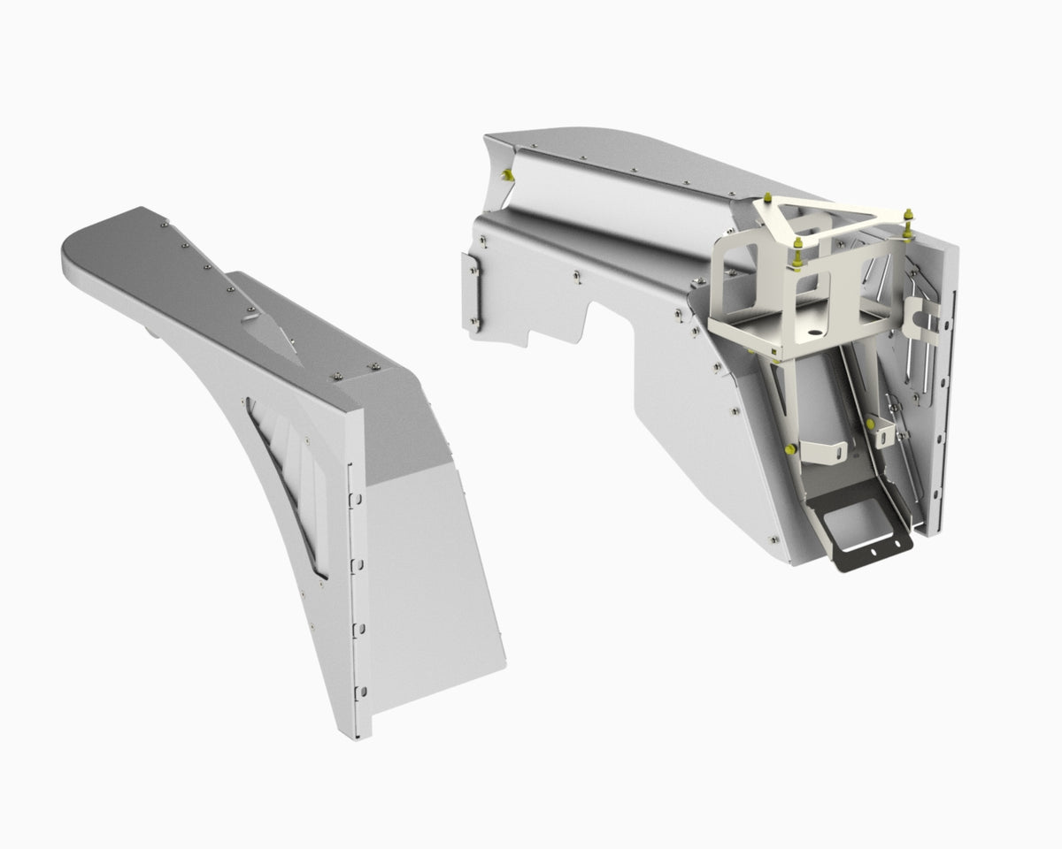 Flux Offroad Jeep TJ / LJ highline front fender kit render, both fenders with the battery relocation kit on one side