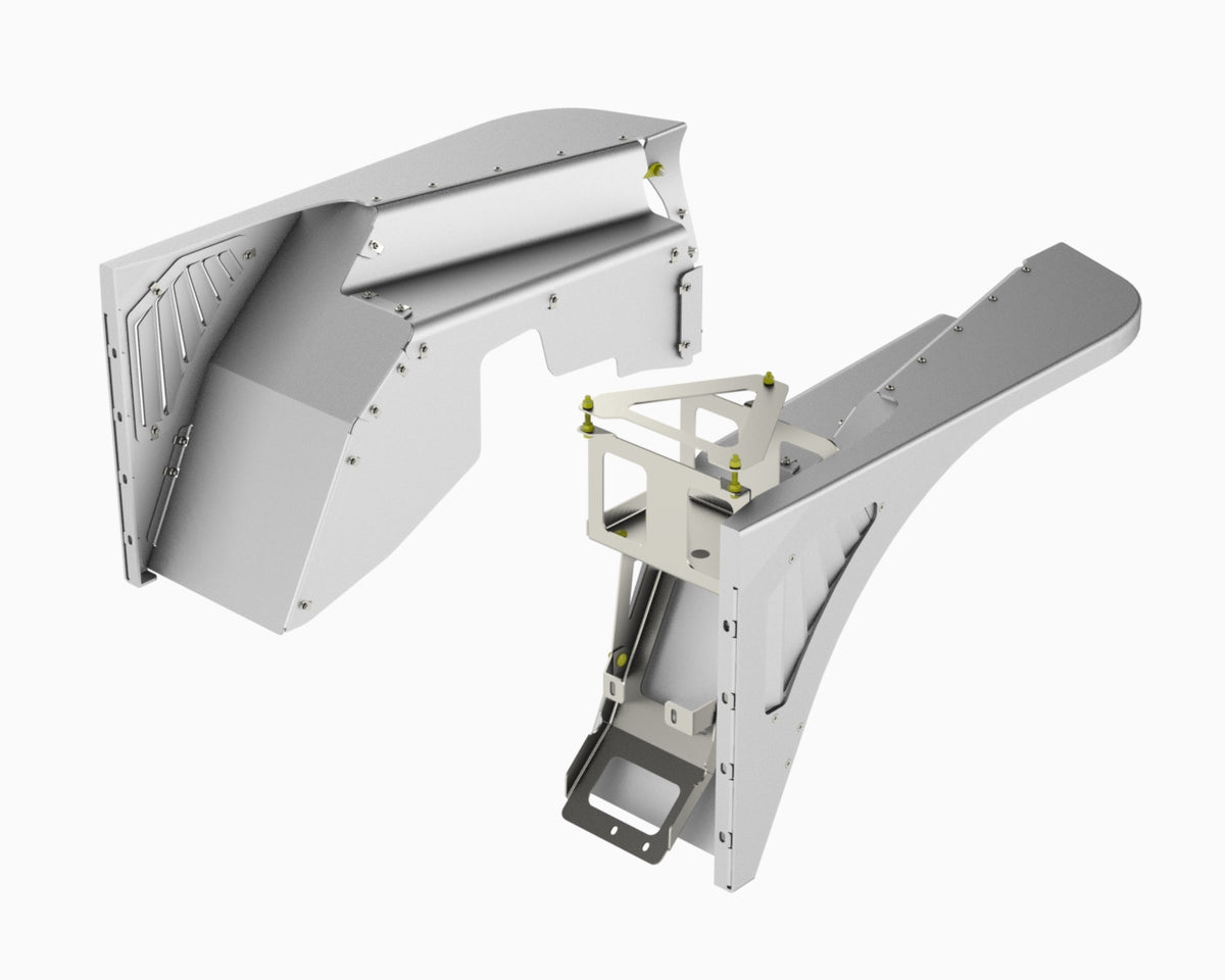 Flux Offroad Jeep TJ / LJ highline front fender kit render, angled view of both fenders with the battery relocation kit
