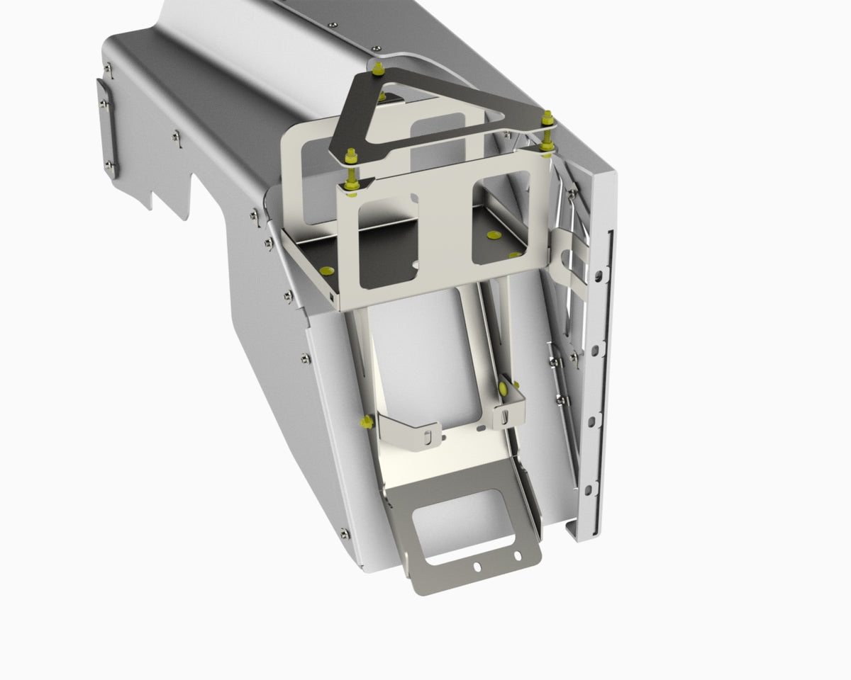 Close-up render of the battery relocation kit on the Flux Offroad Jeep TJ / LJ highline front fender