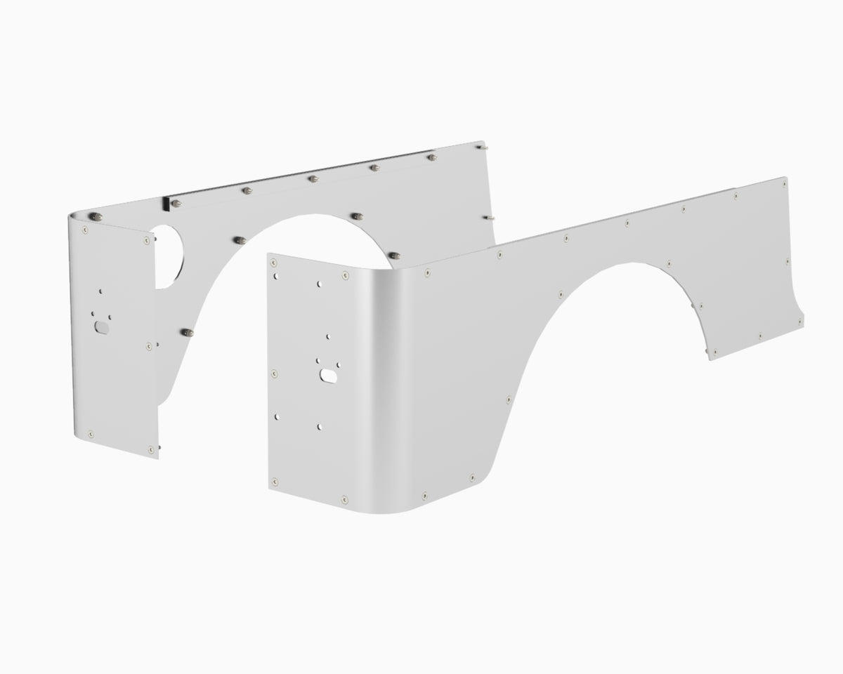 Flux Offroad Jeep LJ aluminum corner guards render, angled view of both sides