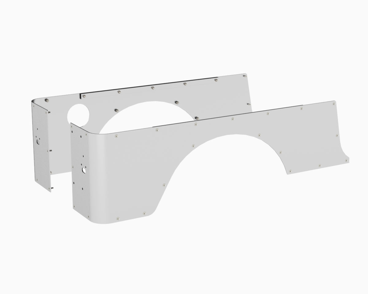 Flux Offroad Jeep LJ aluminum corner guards render, front angle view of both sides