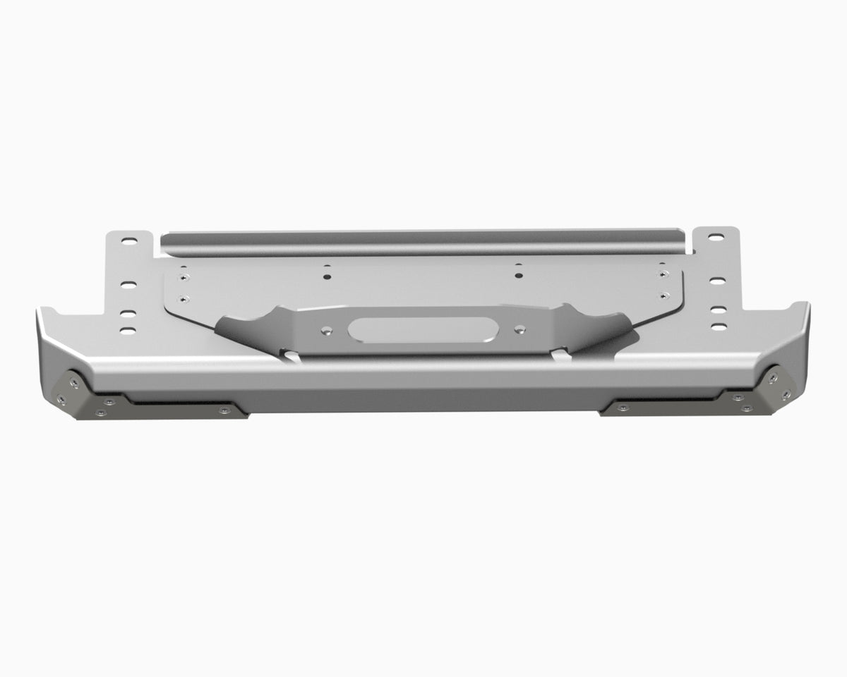 Flux Offroad stubby front bumper render, front view with winch tray and stainless rash guards