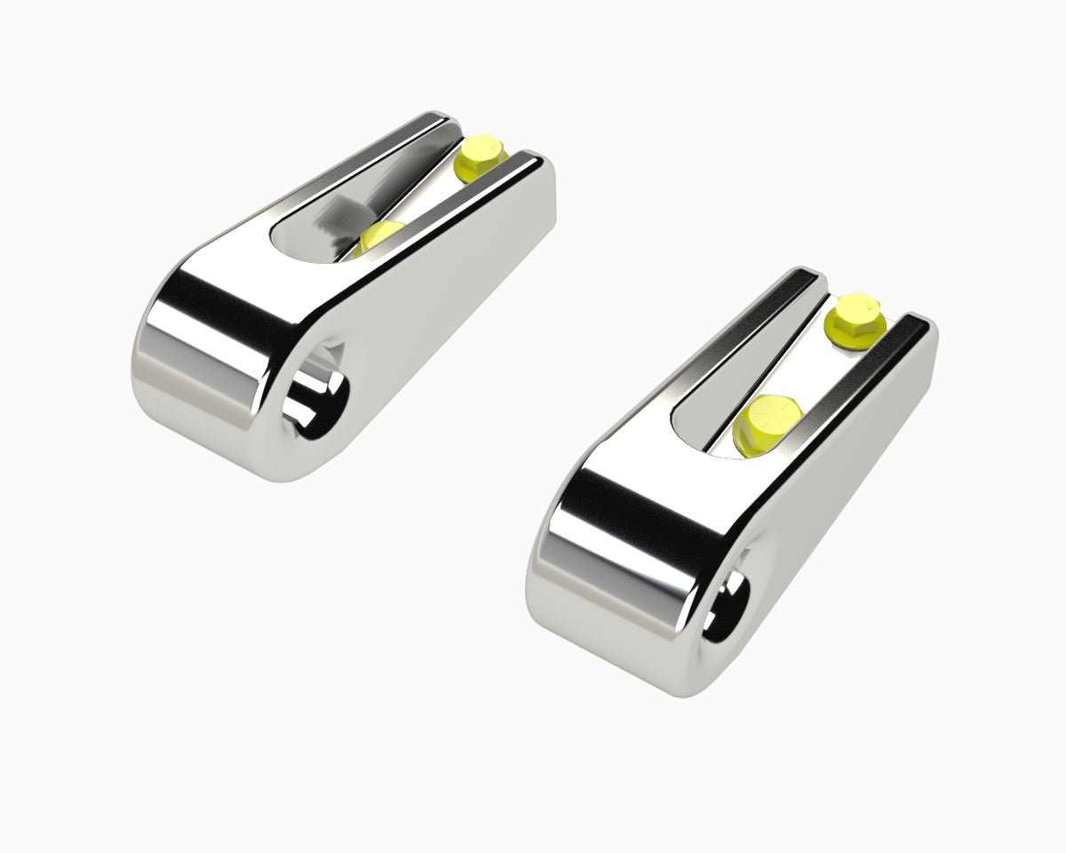 Flux Offroad billet aluminum soft shackle mounts render, top angle view with hardware