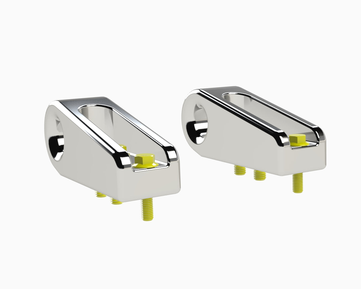 Flux Offroad billet aluminum soft shackle mounts render, side view showing mounting bolts